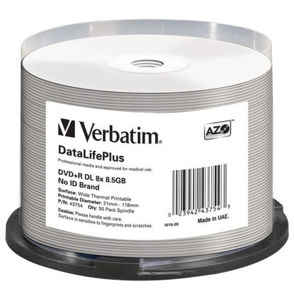 Picture of Verbatim DVD+R DL 8.5GB 8X DataLifePlus White Thermal Printable, Hub Printable - 50pk Spindle - 43754