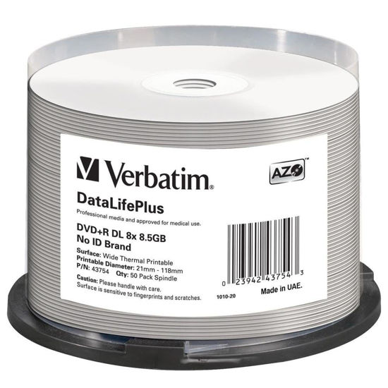 Picture of Verbatim DVD+R DL 8.5GB 8X DataLifePlus White Thermal Printable, Hub Printable - 50pk Spindle - 43754