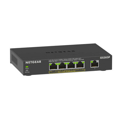 Picture of NETGEAR 5-Port Gigabit Ethernet Unmanaged PoE Switch (GS305P v2) - with 4 x PoE+ @ 63W, Desktop or Wall Mount
