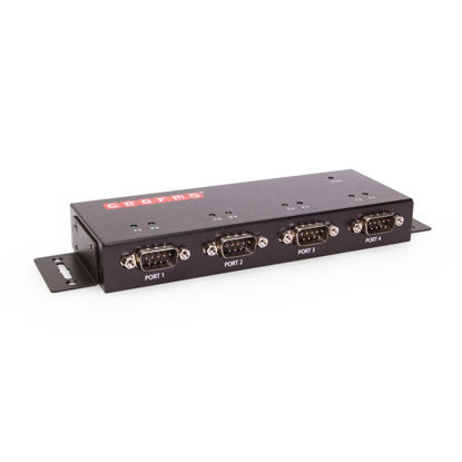 Picture of Industrial 4-Port USB to Serial Adapter DB9 RS-232 with FTDI Chipset, RX/TX LED Indicators, DIN Rail Mount Bracket, & Surface Mounting Brackets Windows 11, 10, 8, 7 OS Support USB-A Cable Included