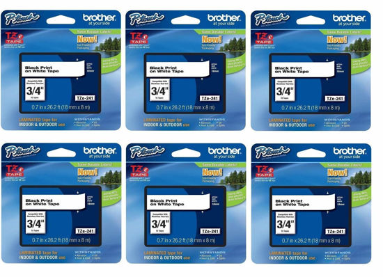 Picture of Brother Genuine P-Touch 6-Pack TZe-241 Laminated Tape, Black Print on White Standard Adhesive Laminated Tape for P-Touch Label Makers, Each Roll is 0.7"/18mm (~ 3/4") Wide, 26.2 ft. (8M) Long