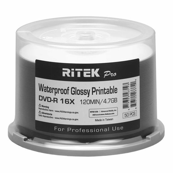 Picture of 200 Pack Ritek Pro (Professional Grade) DVD-R 16X 4.7GB AZO Dye (MID MXL RG04) Watershield Water Resistant Glossy White Inkjet Hub Printable Blank Recordable Disc