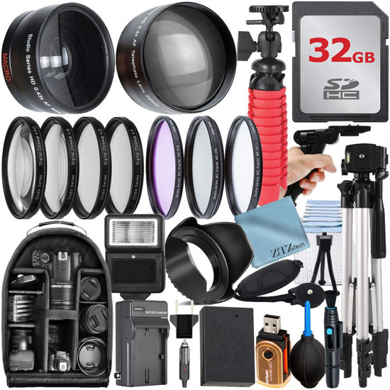 Picture of ZeeTech 49mm Accessory Bundle for Canon EOS: R100, R50, R10, M5, M6 Mark II, M6 + LP-E17 Battery + 32GB Memory Card + Telephto Lens + Filter Kit + Backpack + Tripod + Battery Charger + More