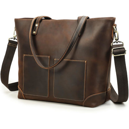 Picture of CataPurus Top Grain Leather 14.2" Laptop Tote Bag Briefcase for Man & Woman, Retro Design & Adjustable Strap, Fits to 14.2" MacBook Pro/Air, Messenger Bag Handbag for Office/Travel, Coffee 14.2 Inch