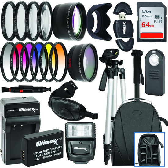 Picture of Ultimaxx 67MM Accessory Kit for Canon EOS Rebel T7i, T6i, T6s, SL2, SL3, 77D, 750D, 760D, 800D, 200D, 8000D, KISS X8i, and More; includes: LP-E17 Battery, 2.2X Telephoto Lens, and More