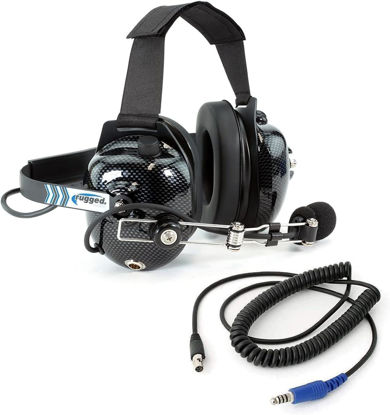 Picture of Rugged Radios Carbon Fiber Behind The Head Headset and Adaptor Cable for Intercoms - Features 5-Pin to Off Road Coil Cord and Volume Control Knob 3.5mm Input Jack