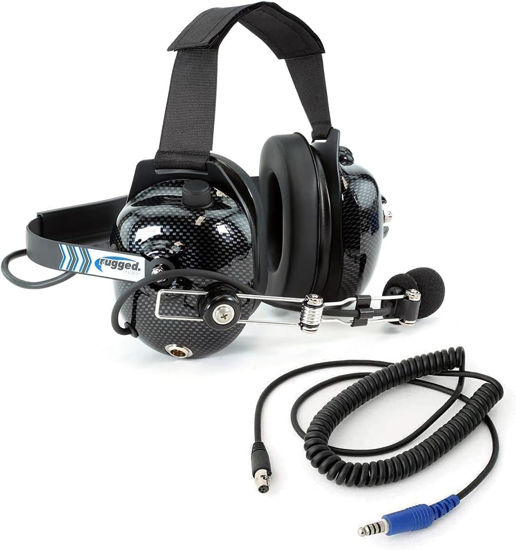 Picture of Rugged Radios Carbon Fiber Behind The Head Headset and Adaptor Cable for Intercoms - Features 5-Pin to Off Road Coil Cord and Volume Control Knob 3.5mm Input Jack