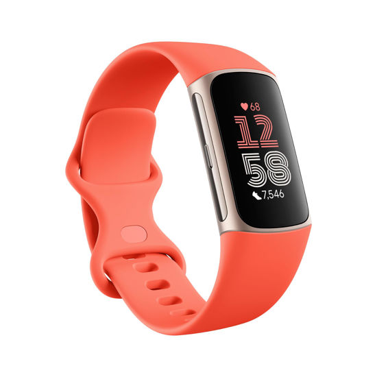 Picture of Fitbit Charge 6 Fitness Tracker with Heart Rate, GPS, Premium Membership, and Health Tools - Gold Case w/ Red Band, 1.04 Screen (Renewed)