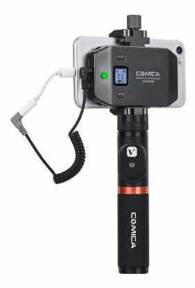 Picture of comica Wireless Smartphone/iPhone Microphone, UHF 6 Channels, Integrated Smartphone Holder, 194FT Wireless Range, Built-in Chargeable Battery, Microphone for iPhone Samsung Huawei (CVM-WS50B)- Black
