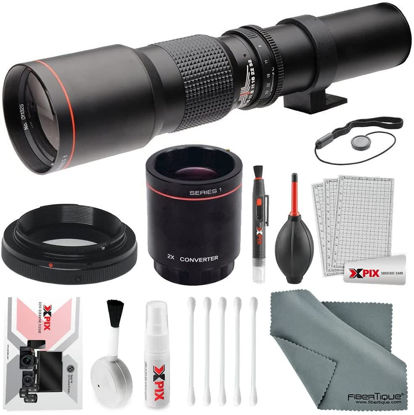 Picture of Super-Powered 500mm/1000mm f/8.0 Telephoto Lens (Black) with 2X Professional Multiplier for Sony E-Mount Digital Mirrorless Cameras and Deluxe Accessory Bundle with Xpix Cleaning Kit