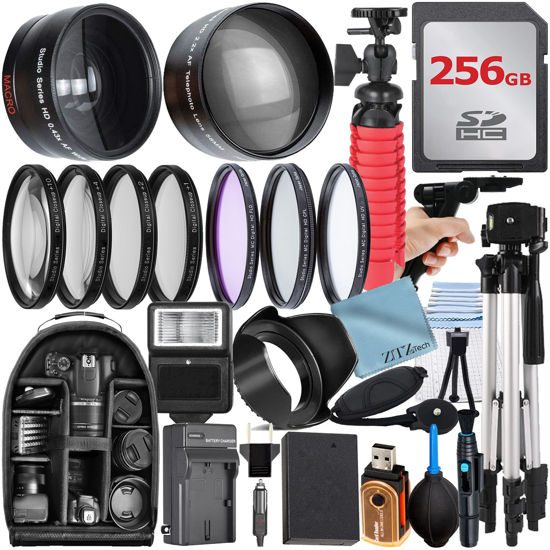 Picture of 49mm Accessory Bundle for Canon EOS: R100, R50, R10, M5, M6 Mark II, M6 + LP-E17 Battery + 256GB Memory Card + Telephto Lens + Filter Kit + Backpack + Tripod + Battery Charger + More