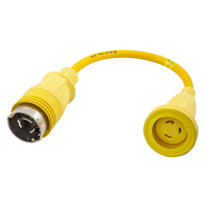 Picture of Hubbell Wiring Systems HBL61CM55 Molded Straight Adapter, 30A, 125V, 2P, 3W Twist-Lock Female end with 50A, 125V, 2P, 3W Twist-Lock Male end, Yellow