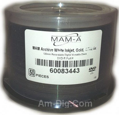Picture of 4.7 GB MAM-A (Mitsui) White Inkjet Hub Printable/GOLD 8X DVD-R 50-Pak in Cakebox