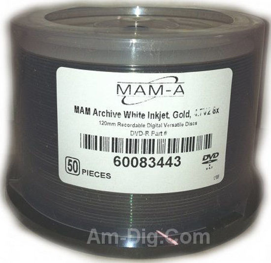 Picture of 4.7 GB MAM-A (Mitsui) White Inkjet Hub Printable/GOLD 8X DVD-R 50-Pak in Cakebox