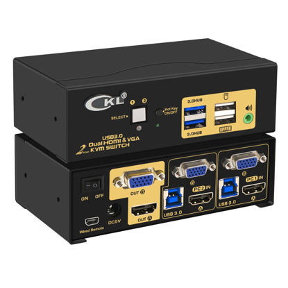 Picture of HDMI + VGA KVM Switch Dual Monitor Extended Display 2 Port with Audio and USB 3.0 HUB, CKL Dual View PC Monitor Keyboard Mouse Selector Box for Computers and Laptops