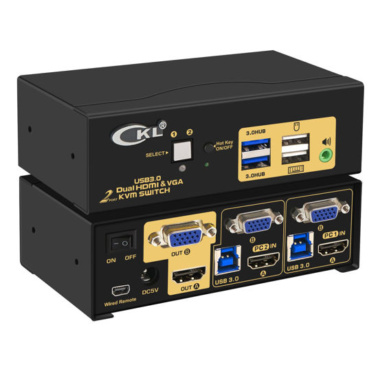 Picture of HDMI + VGA KVM Switch Dual Monitor Extended Display 2 Port with Audio and USB 3.0 HUB, CKL Dual View PC Monitor Keyboard Mouse Selector Box for Computers and Laptops
