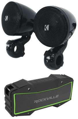 Picture of Audiosavings Bundle: (2) Kicker 47PSMB32 3" 100w PSM Motorcycle/ATV Handlebar Speakers in Black PSMB32 Bundle with Rockville Rock Everywhere Portable Bluetooth Speaker/Waterproof Link (2 Items)