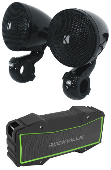 Picture of Audiosavings Bundle: (2) Kicker 47PSMB32 3" 100w PSM Motorcycle/ATV Handlebar Speakers in Black PSMB32 Bundle with Rockville Rock Everywhere Portable Bluetooth Speaker/Waterproof Link (2 Items)