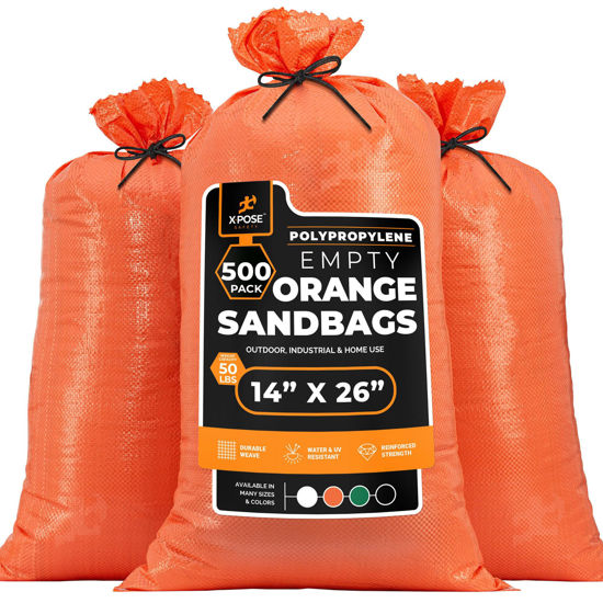 Picture of Woven Polypropylene Sand Bags for Flooding, Gravel -14" x 26" Sacks 50 lb Weight Limit, Military Grade Reusable Refillable Sand Bag for Hurricane Flood Protection, Empty Sandbags Orange, Bundle of 500