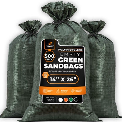 Picture of Woven Polypropylene Sand Bags for Flooding, Gravel - 14" x 26" Sacks 50 lb Weight Limit, Military Grade Reusable Refillable Sand Bag for Hurricane Flood Protection, Empty Sandbags Green, Bundle of 500
