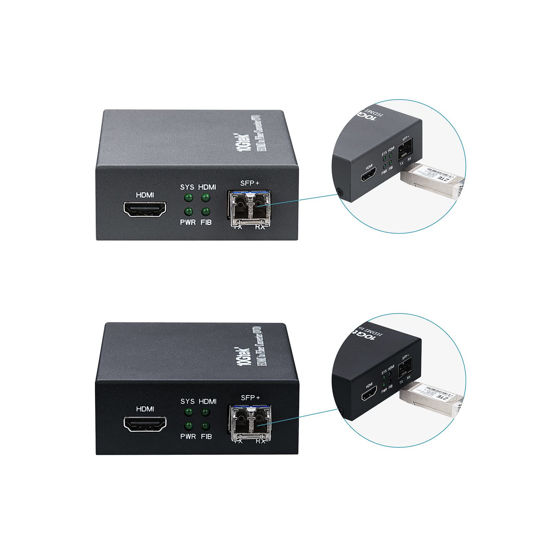 Picture of a Pair of HDMI to Optical Fiber Extender Converter with SFP+ Slot, 10km SFP+ LR Transceivers Included, Support HDMI 1.4a, 4Kx2K