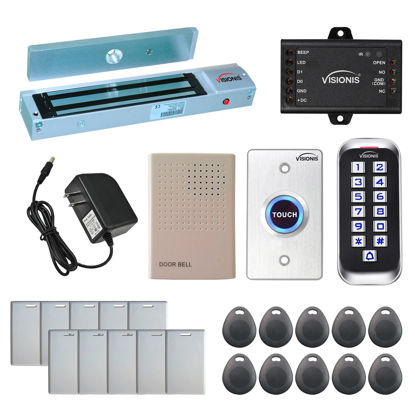 Picture of Visionis FPC-5640 One Door Access Control Out Swinging Door 600lbs Maglock + Outdoor Slim Metal Touch Keypad/Reader Standalone with Mini Controller + Wiegand 26, No Software, EM Card, 1000 Users Kit