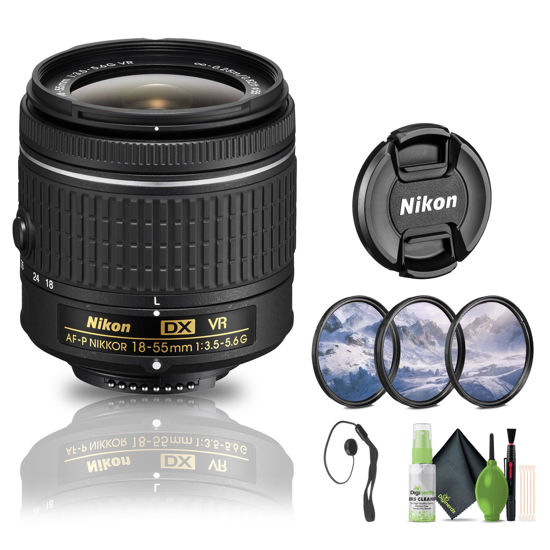 Picture of Nikon - AF-P DX NIKKOR 18-55mm f/3.5-5.6G VR Zoom Lens for APS-C F-Mount Cameras (20059) + Filter Kit + Cap Keeper + Cleaning Kit