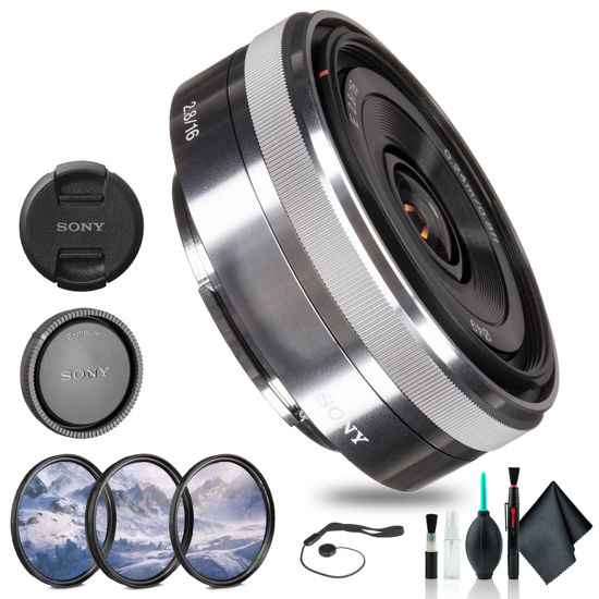 Picture of Sony E 16mm f/2.8 Lens Silver SEL16F28, Filter Kit, Cap Keeper, Cleaning Kit, and More