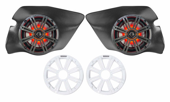 Picture of (2) Kicker 45KM654L 6.5" 390w Marine LED Speakers w/Charcoal with White Grilles KM65 Bundle with Rockville RockZR 6.5" Kick Panel Speaker Pods Compatible with Polaris RZR 1000/900S 2014-17