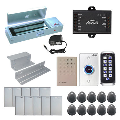 Picture of Visionis FPC-5645 One Door Access Control in Swinging Door 1200lbs Maglock + Outdoor Slim Metal Touch Keypad/Reader Standalone with Mini Controller + Wiegand 26, No Software, EM Card, 1000 Users Kit