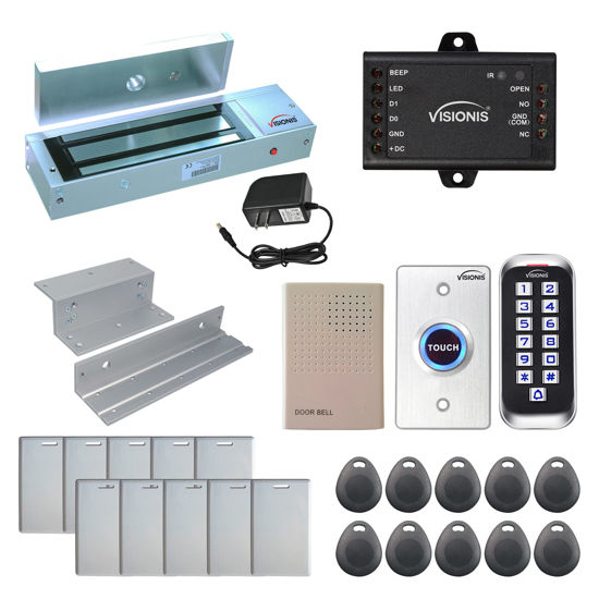 Picture of Visionis FPC-5645 One Door Access Control in Swinging Door 1200lbs Maglock + Outdoor Slim Metal Touch Keypad/Reader Standalone with Mini Controller + Wiegand 26, No Software, EM Card, 1000 Users Kit