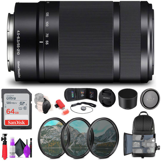Picture of Sony E 55-210mm f/4.5-6.3 OSS Lens (Black) + 3 Piece Filter Kit + Backpack + 64GB Memory Card + Flexible Tripod + Memory Card Wallet + Lens Cap Keeper + Lens Cleaning Kit + Hand Strap - Bundle