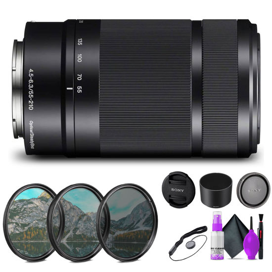 Picture of Sony E 55-210mm f/4.5-6.3 OSS Lens (Black) (SEL55210/B) + 3 Piece Filter Kit + Lens Cap Keeper + Cleaning Kit - Bundle