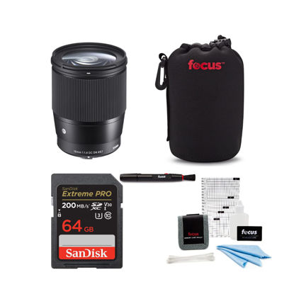 Picture of Sigma 16mm f/1.4 Contemporary DC DN Prime Lens Canon EF-M Complete with All Standard Supplied Accessories Bundle with Memory Card, Lens Pouch, Cleaning and Accessory Kit, and Cleaning Pen (5 Items)