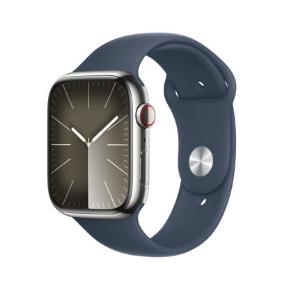 Picture of Apple Watch Series 9 [GPS + Cellular, 45mm] - Silver Stainless Steel Case with Storm Blue Sport Band, S/M (Renewed)
