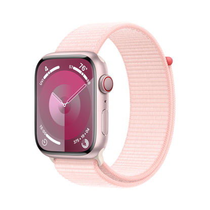 Picture of Apple Watch Series 9 [GPS + Cellular 45mm] Smartwatch with Pink Aluminum Case with Pink Sport Loop. Fitness Tracker, Blood Oxygen & ECG Apps, Always-On Retina Display, Carbon Neutral (Renewed)
