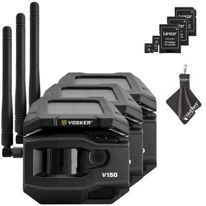 Picture of Vosker V150 Solar-Powered LTE Cellular Home Security Outdoor Camera | Motion Activated Sensor Nightvision Wireless Camera | Receive Photos on Your Mobile App with SD Cards and Cleaning Cloth (3PK)
