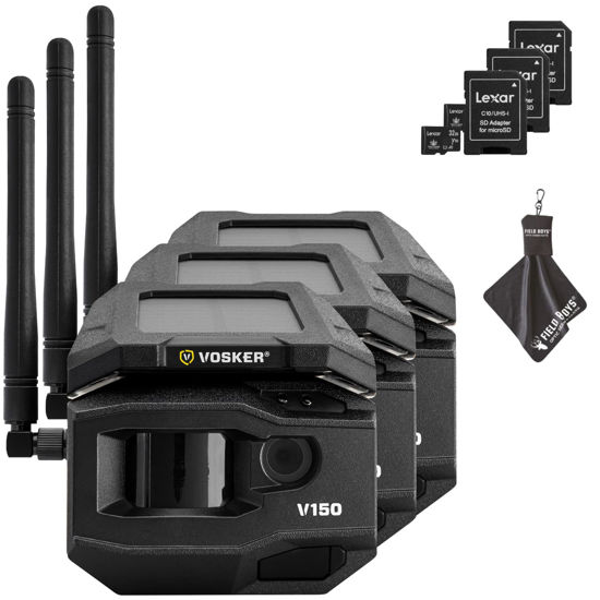 Picture of Vosker V150 Solar-Powered LTE Cellular Home Security Outdoor Camera | Motion Activated Sensor Nightvision Wireless Camera | Receive Photos on Your Mobile App with SD Cards and Cleaning Cloth (3PK)