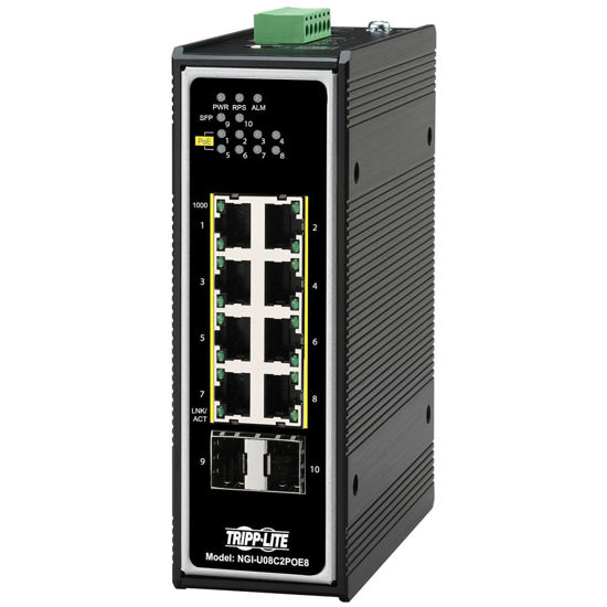 Picture of Tripp Lite Industrial 8 Port PoE+ Ethernet Switch 10/100/1000 Mbps -40° to 167°F Unmanaged TAA Compliant 30W 2 SFP DIN Mount (NGI-U08C2POE8)