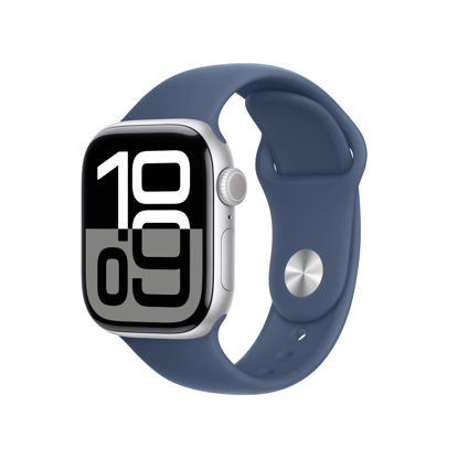 Picture of Apple Watch Series 10 [GPS 42mm case] Smartwatch with Silver Aluminium Case with Denim Sport Band - M/L. Fitness Tracker, ECG App, Always-On Retina Display, Water Resistant