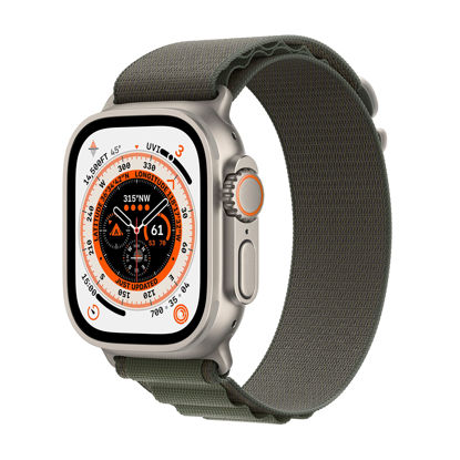 Picture of Apple Watch Ultra [GPS + Cellular 49mm] Titanium Case with Green Alpine Loop, Large (Renewed)