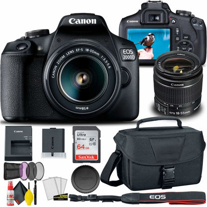 Picture of Canon EOS 2000D / Rebel T7 DSLR Camera with 18-55mm Lens + Creative Filter Set, EOS Camera Bag + Sandisk Ultra 64GB Card + Electronics Cleaning Set, and More (International Model) (Renewed)