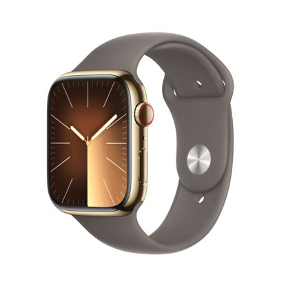 Picture of Apple Watch Series 9 [GPS + Cellular, 45mm] - Gold Stainless Steel Case with Clay Sport Band, S/M (Renewed)
