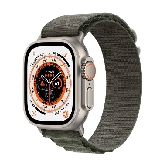 Picture of Apple Watch Ultra [GPS + Cellular 49mm] Titanium Case with Green Alpine Loop, Small (Renewed)