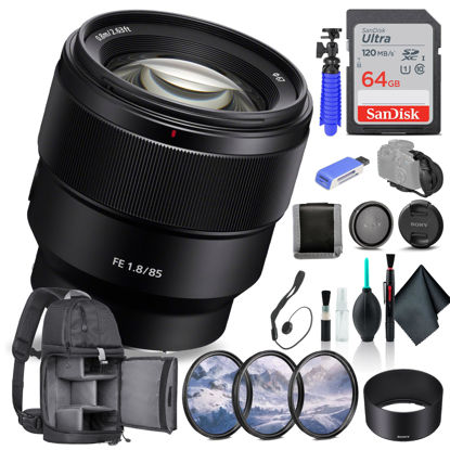 Picture of Sony FE 85mm f/1.8 Lens SEL85F18/2, Filter Kit, Backpack, 64GB Card, Card Reader, Flex Tripod, Memory Card Wallet, Cap Keeper, Cleaning Kit, Hand Strap, and More