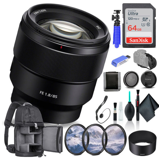 Picture of Sony FE 85mm f/1.8 Lens SEL85F18/2, Filter Kit, Backpack, 64GB Card, Card Reader, Flex Tripod, Memory Card Wallet, Cap Keeper, Cleaning Kit, Hand Strap, and More