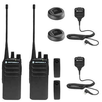 Picture of 2 x Motorola CP100D Analog UHF Portable Non-Display Two Way Radio, 16 Channel, 4 Watt (403-480MHz) + 2 x HKLN4606 Remote Speaker Mic - 2 Pack with Mic Bundle