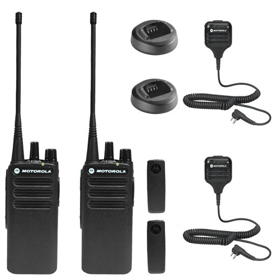 Picture of 2 x Motorola CP100D Analog UHF Portable Non-Display Two Way Radio, 16 Channel, 4 Watt (403-480MHz) + 2 x HKLN4606 Remote Speaker Mic - 2 Pack with Mic Bundle