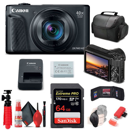 Picture of Canon PowerShot SX740 HS Digital Camera (Black) (2955C001) + 64GB Memory Card + Card Reader + Deluxe Soft Bag + Flex Tripod + Hand Strap + Memory Wallet + Cleaning Kit (Renewed)