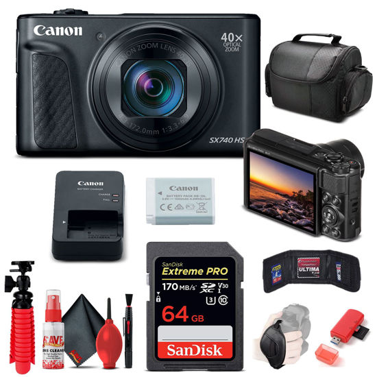 Picture of Canon PowerShot SX740 HS Digital Camera (Black) (2955C001) + 64GB Memory Card + Card Reader + Deluxe Soft Bag + Flex Tripod + Hand Strap + Memory Wallet + Cleaning Kit (Renewed)